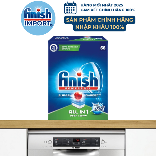 Hộp 66 viên rửa chén Finish All in 1 – (6x tính năng trong 1 viên – Hương Baking Soda) – (Dành cho máy rửa chén 9-10-12-13 bộ trở xuống).